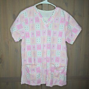Cotton Scrubs & co. Top X-Small Women Pink White Heart Floral Print Short Sleeve